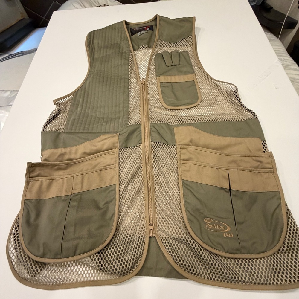 Pavillion USA Mesh Shooting Vest XL Olive Green Tan Padded Trap Skeet Clay Vest